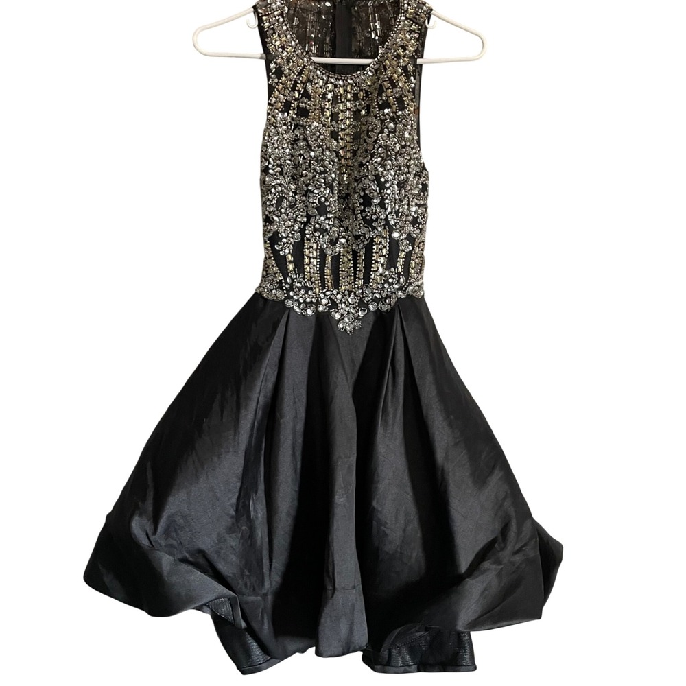Intrigue by Blush Black Beaded Open Back‎ Bubble Hem Cocktail Dress Womens 6